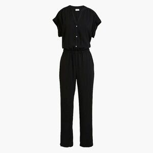 J. Crew Size 8 Black Cuffed Short Sleeve Button Camp-Shirt Jumpsuit with Pockets